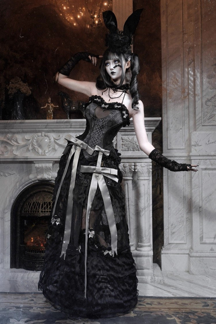 Black [Cupid’s Magic Box] Heart Ruffle Embroidery Bowknot Lace Fishbone Gothic Elegant Lolita Vest