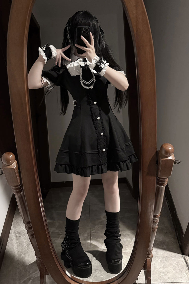 Black [Angel Creed] Short Sleeves Ruffle Bowknot Stitching Lace Gothic Plus Size Japanese College Style Jirai Kei Dress