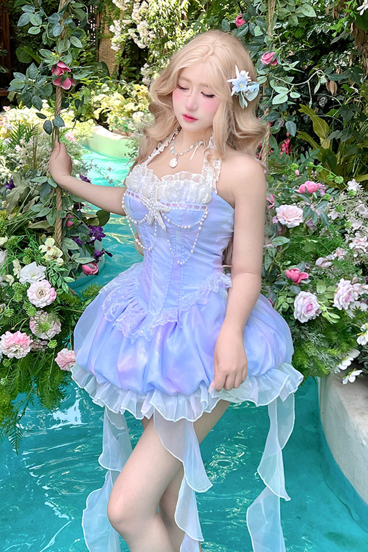 Blue [Starlight Jellyfish Princess] Halterneck Sleeveless Ruffle Lace Sweet Lolita Jsk Dress
