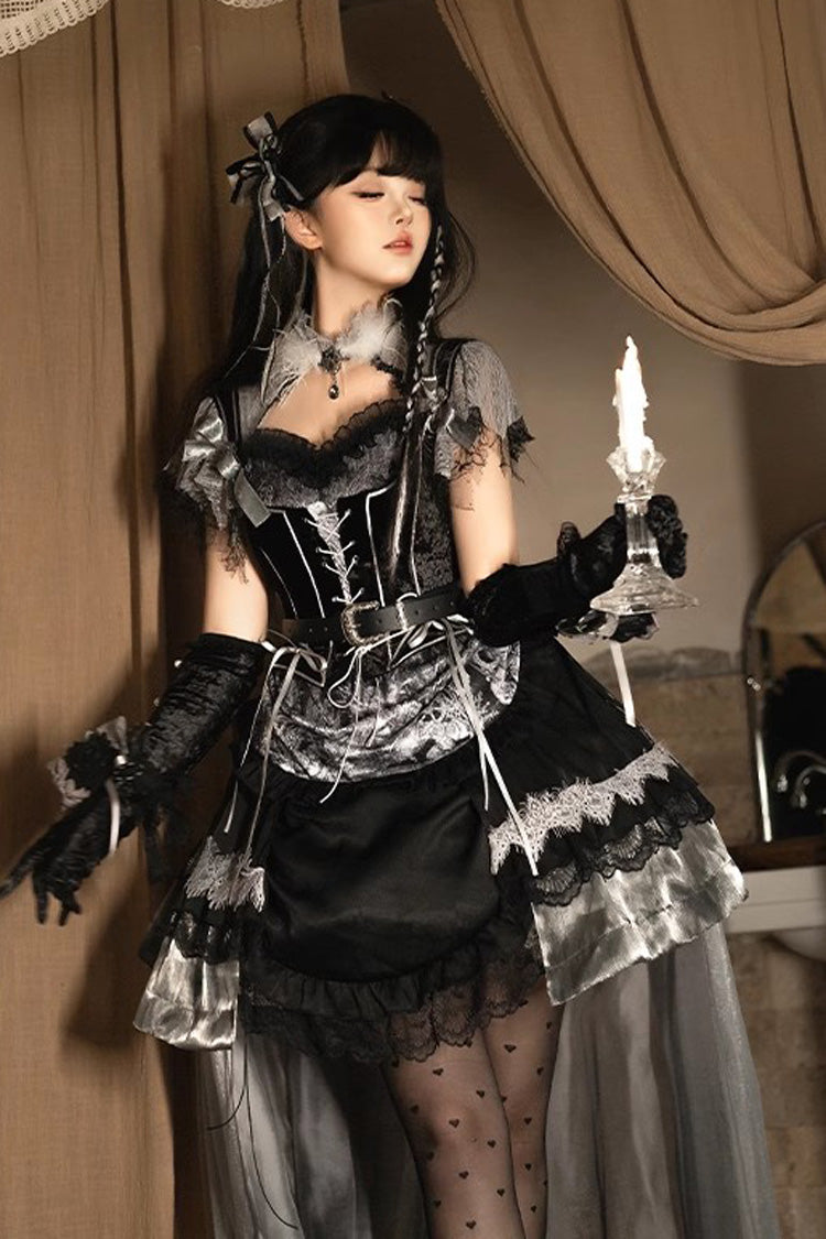 Schwarzes [Dunkle Nacht Rose] Kurzarm Print Rüschen Schleifchen Spitze Asymmetrisches Gothic Lolita Kleid 