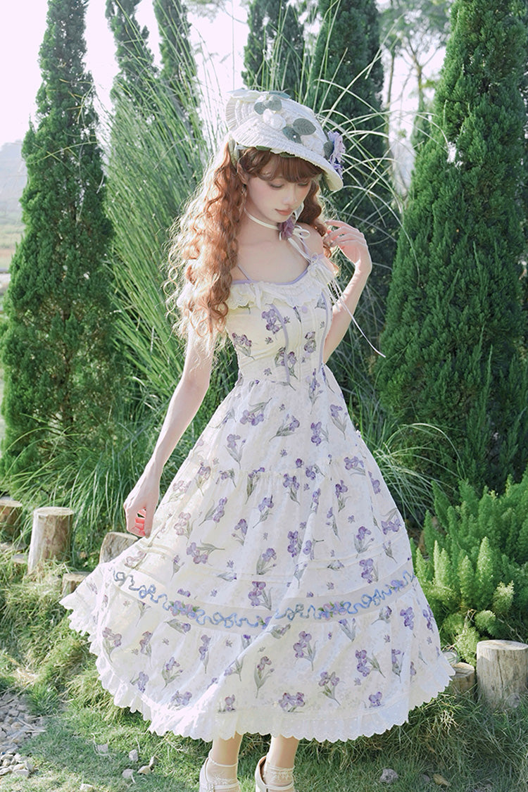 Robe Jsk Lolita douce en dentelle brodée à volants imprimée à épaules dénudées [Moonlight Iris] ivoire 