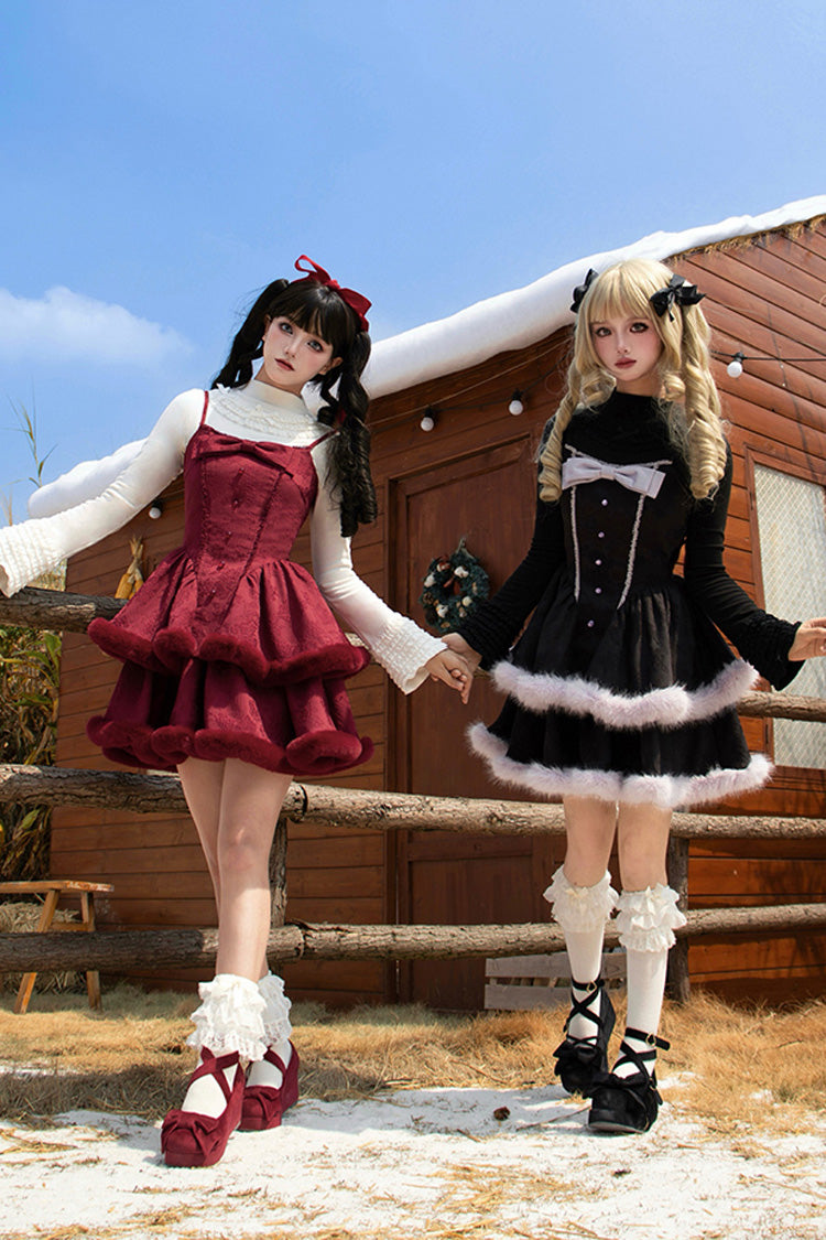 [Winter's Wish] Double-Layered Jacquard Bowknot Furry Sweet Lolita Jsk Dress 2 Colors