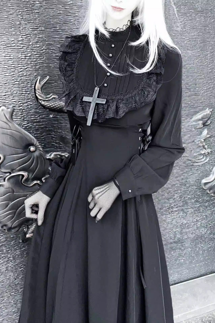 Black Stand Collar Long Sleeves Ruffled Lace-Up Gothic Lolita Dress