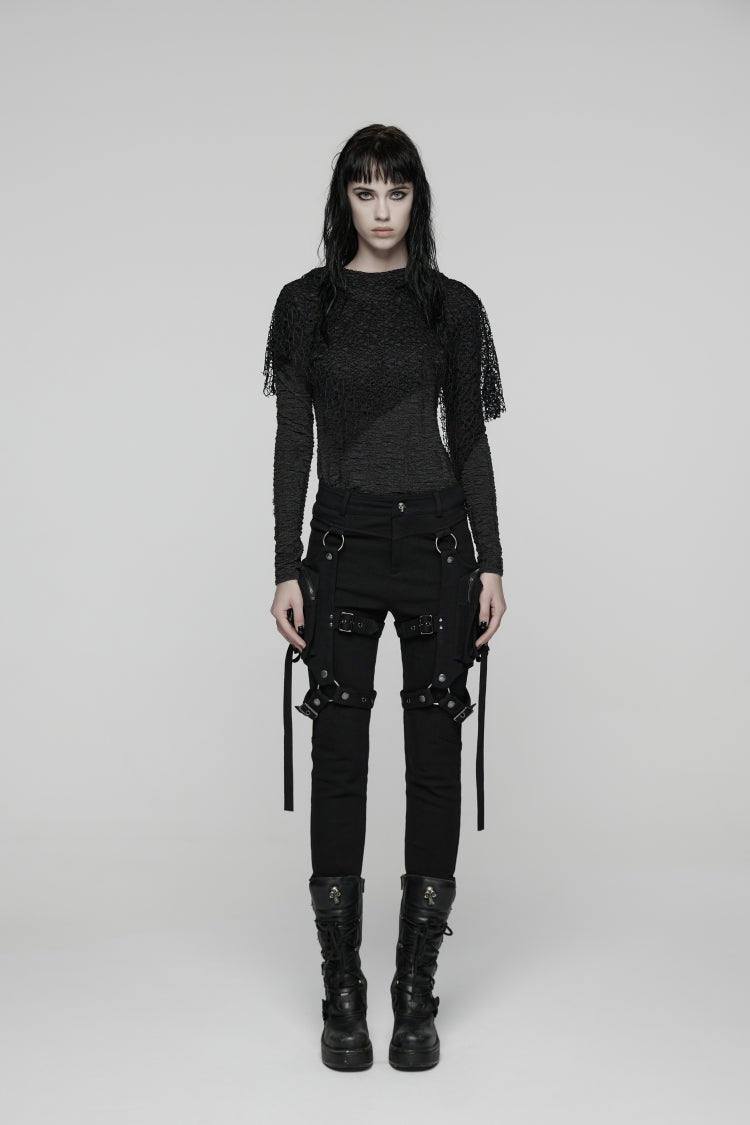 Pantalon noir Patchwork Slim Fit en maille avec œillets détachables, Punk militaire Cool pour femmes