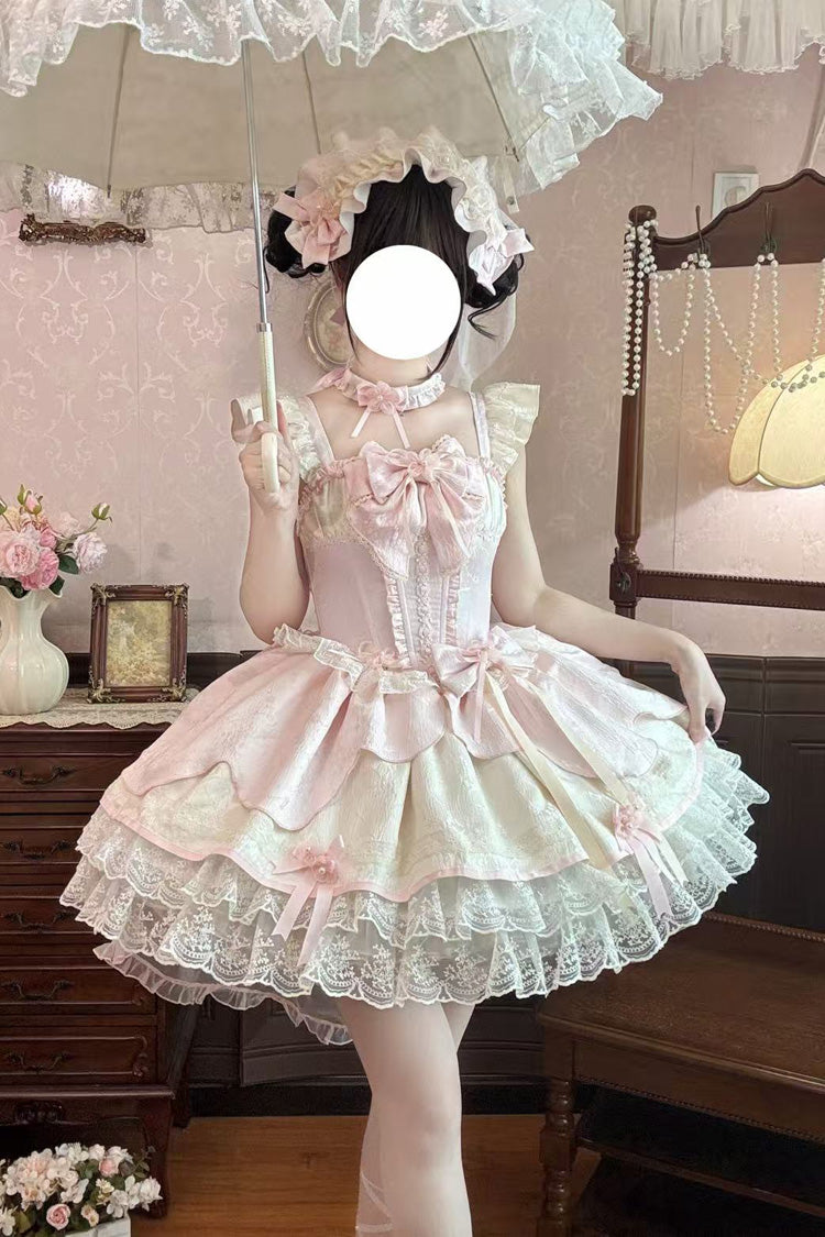 ピンク [桜] スクエアカラー フラッタースリーブ 多層ジャガード フリル リボン レース スイート バレエコア ロリータ JSK ドレス