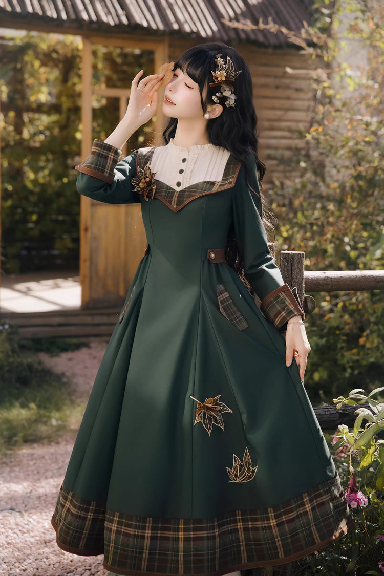 Green [Autumn Chronicles] Round Collar Long Sleeves Printed Embroidered Spliced Slim Sweet Lolita Dress