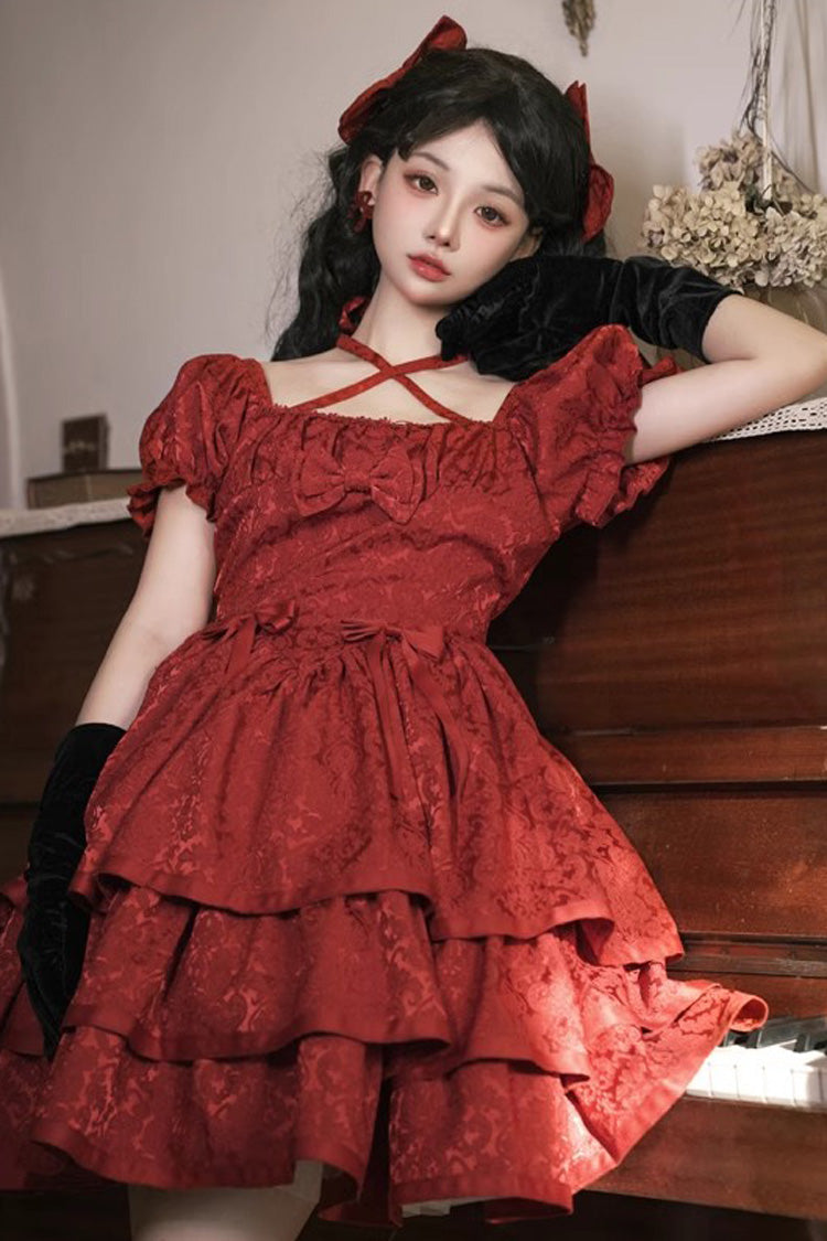 Red Thorn Rose Short Sleeves Multi-layer Ruffle Bowknot Gothic Princess Lolita Dress