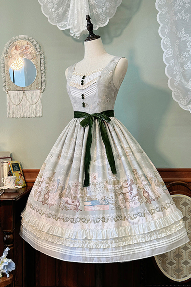 [Iris Study] V-Kragen Ärmellos Print Schleife Spitze Süßes Lolita Pullover Kleid 2 Farben