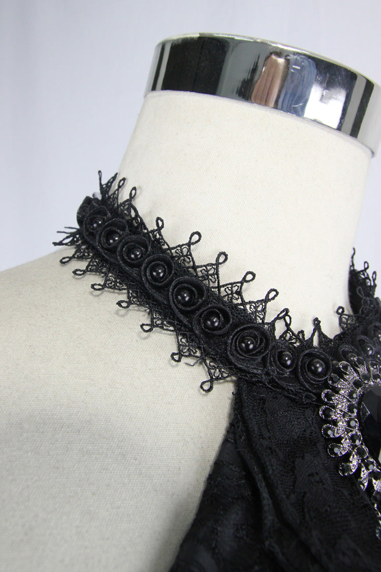 Black Lace Jacquard Jewel Pins Men's Gothic Tie