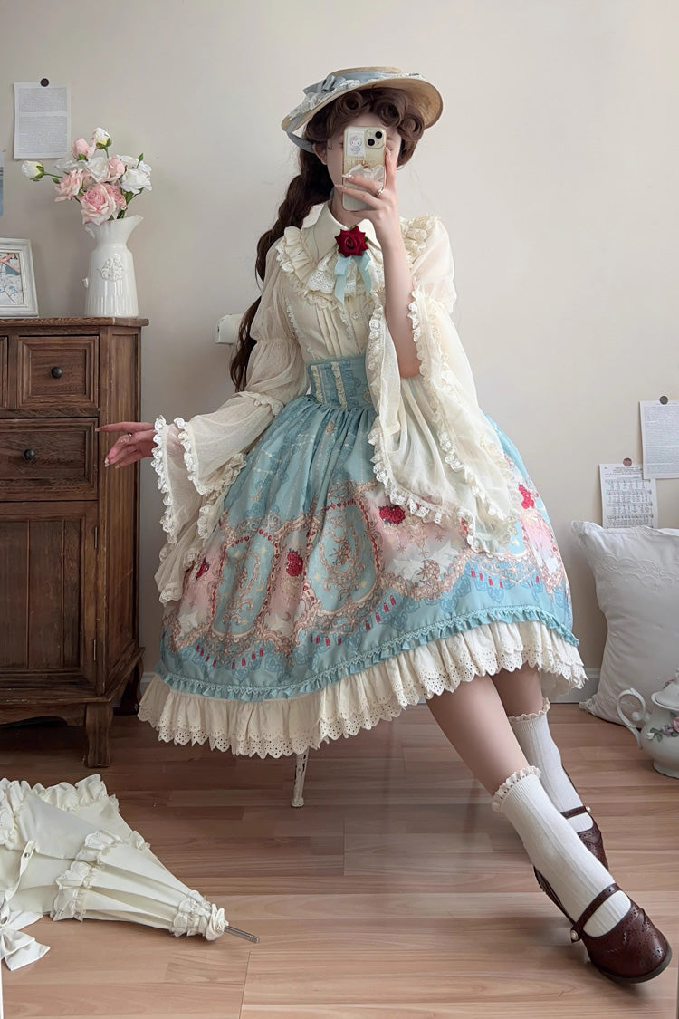 Blue [Moonlit Garden Secret] Print Ruffle Embroidery Lace Sweet Elegant Palace Lolita Skirt