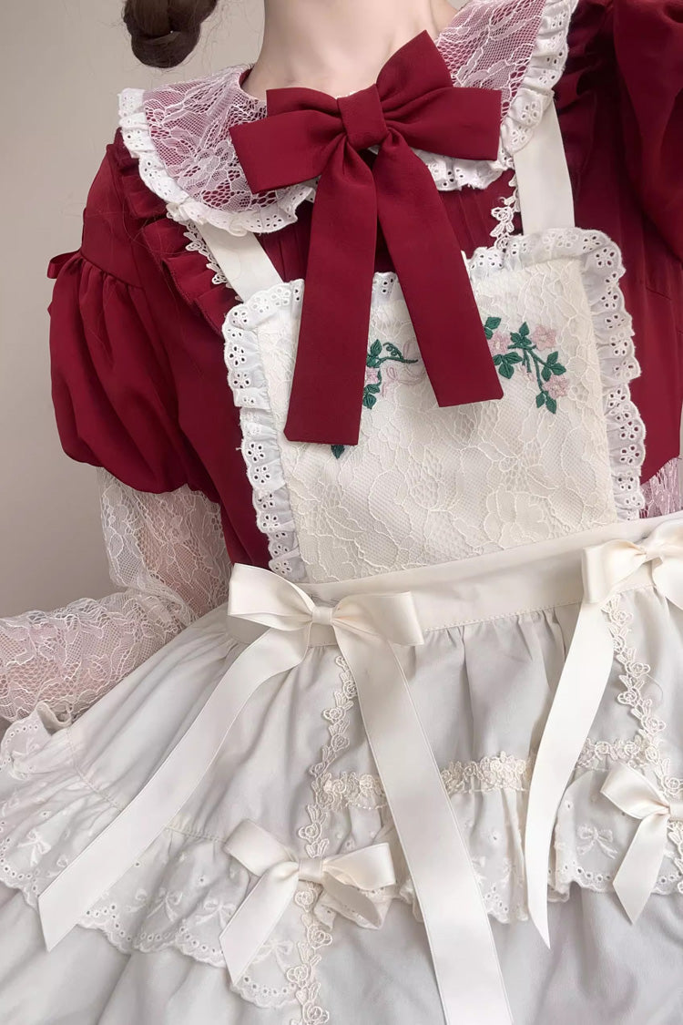 Red [Mist over Flowers Along the Path] Lapel Collar Long Sleeves Embroidery Bowknot Lace Sweet Lolita Dress