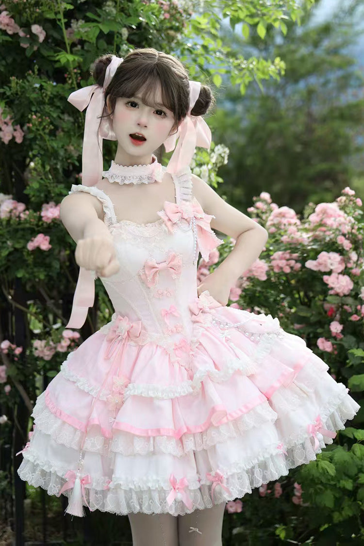 Rose [Prélude de la cerise du printemps] Robe douce Lolita Jsk à col carré sans manches en jacquard multicouche à volants avec nœud en dentelle décorée de perles