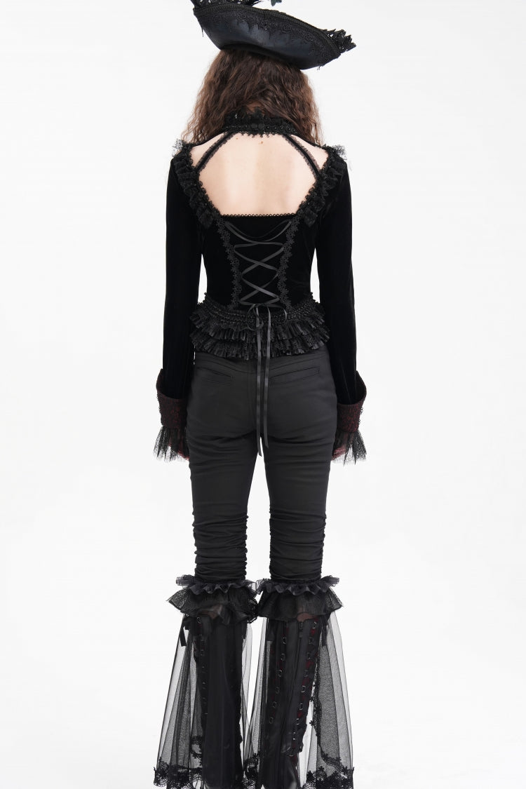 Schwarze Gothic-Bluse mit langen Ärmeln, Rüschen und Schnürung aus Netzstoff für Damen