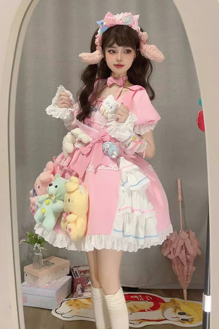 Pink Square Collar Print Doll Party Detachable Sleeves Ruffle Bowknot Sweet Princess Lolita Dress