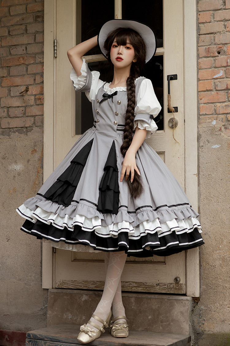 Gray Steel Rose Ruffle Bowknot Vintage Elegant Princess Lolita Dress