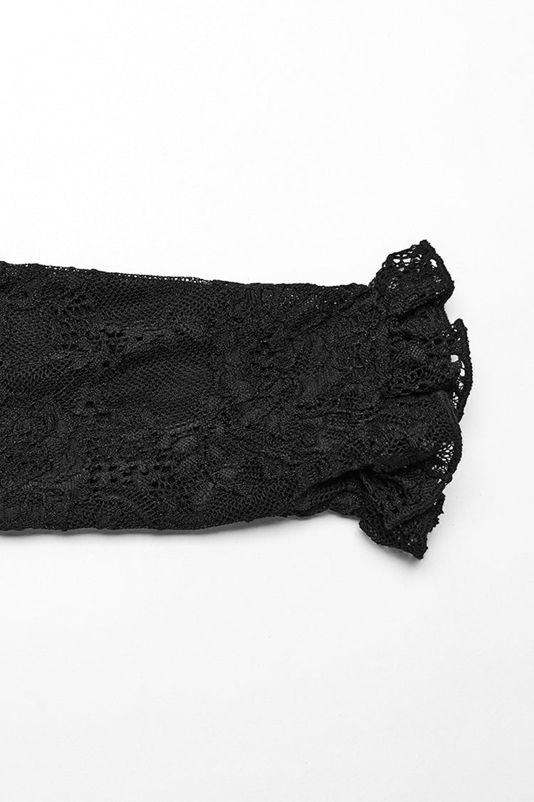 Schwarze Stehkragenspitze Lange Ärmel Rüschen Hohl Damen Gothic Bluse