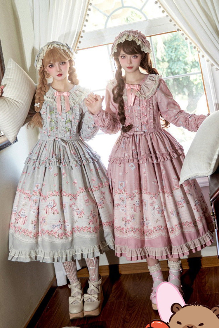 Sweet Long Sleeves FloralPrinted Ruffled Bow Plus Size Elegant Lolita Dress 2 Colors