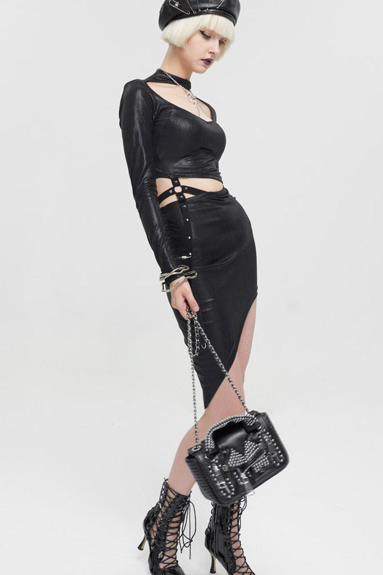 Black Punk Leather Imitation Collar Design Metal Rivet Zipper Women's Bag