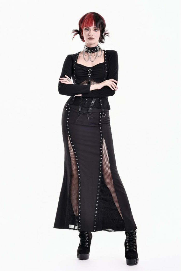 Black Lace-Up High Waisted Grommet Studded Sheer Mesh Panel Mermaid Women's Cyberpunk Maxi Skirt