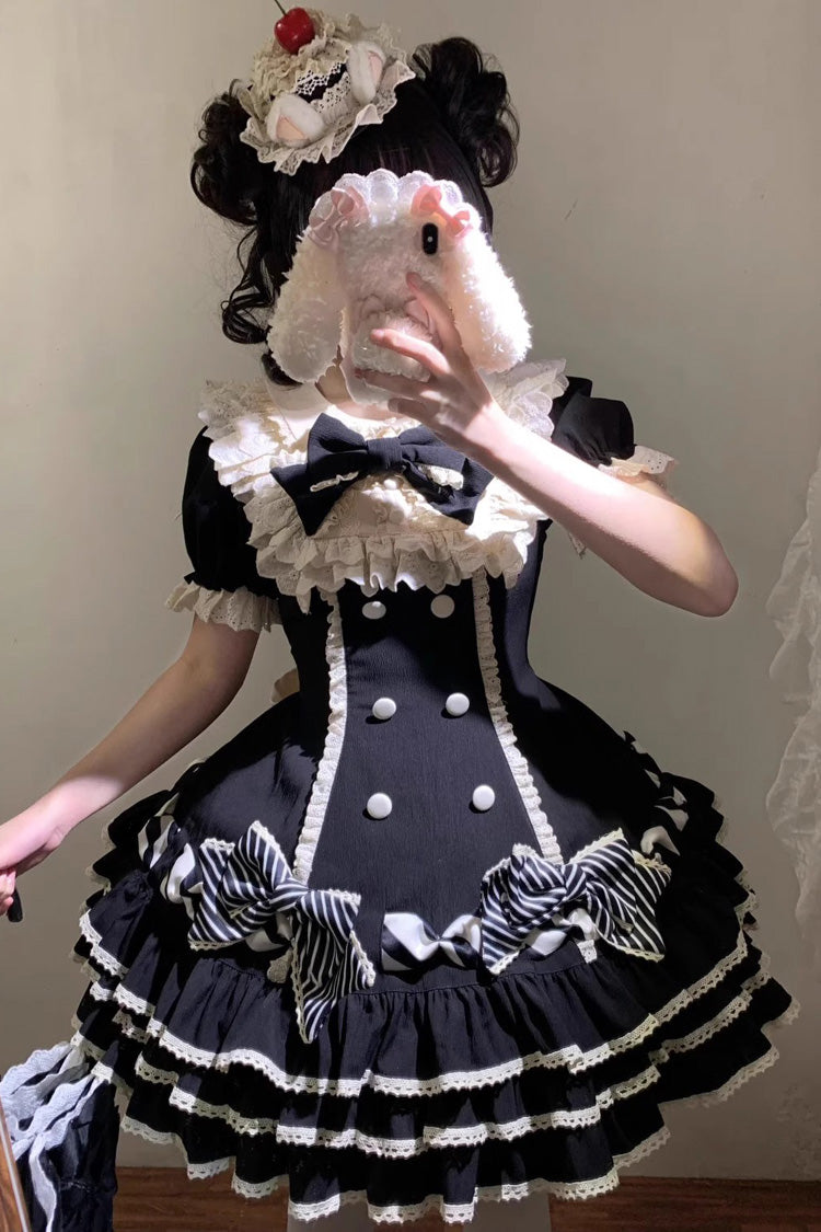 Black [Striped Layered] Short Sleeves Multi-Layered Ruffle Bowknot Sweet Princess Lolita Tiered Dress