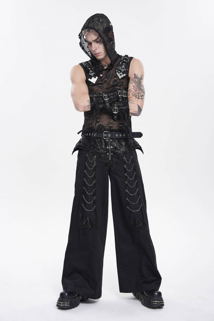 Schwarze, gespleißte, mit Nieten besetzte, mit Ketten verzierte Punk-Cool-Hose für Herren