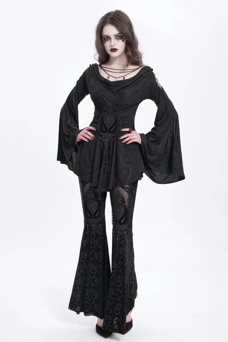 Black Long Trumpet Sleeves Print Embroidery Women's Gothic Blouse