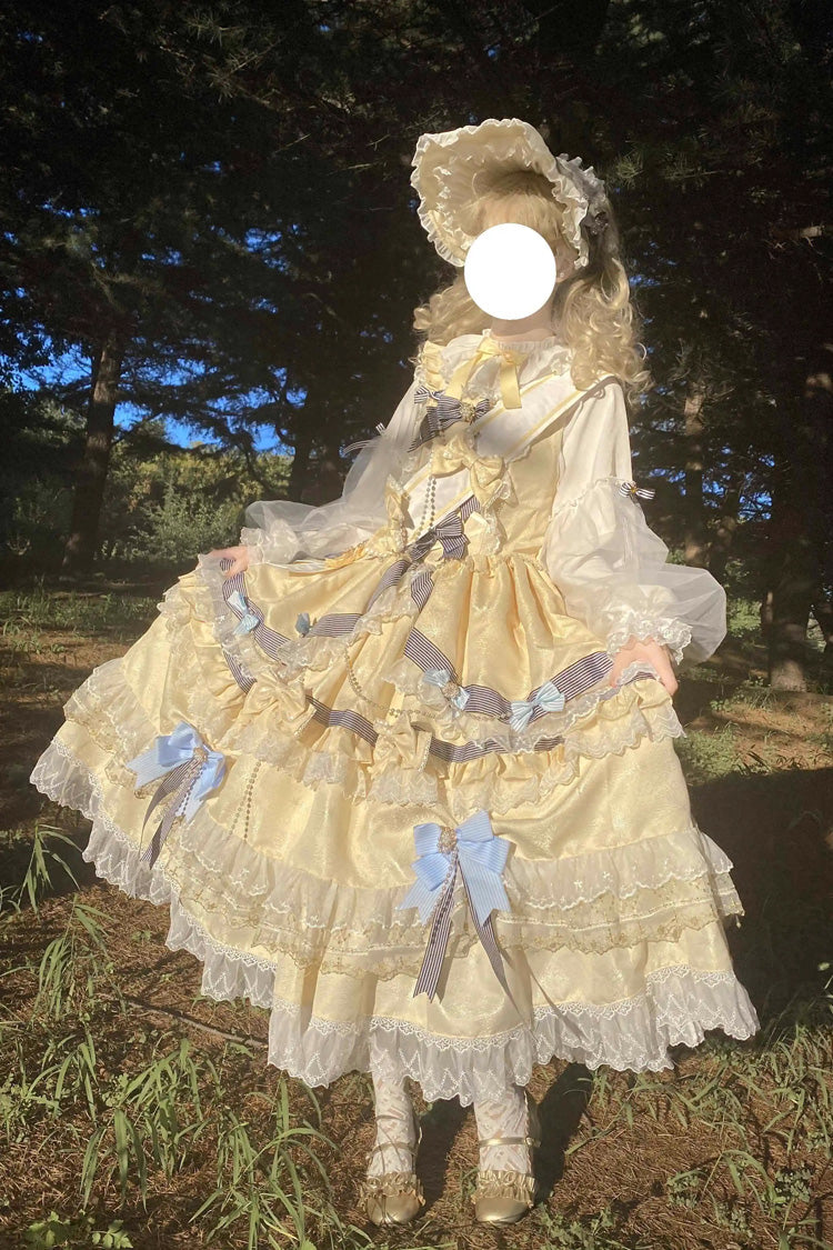 Gold Long Sleeves Multi-Layered Ruffle Bowknot Lace Sweet Princess Lolita Dress