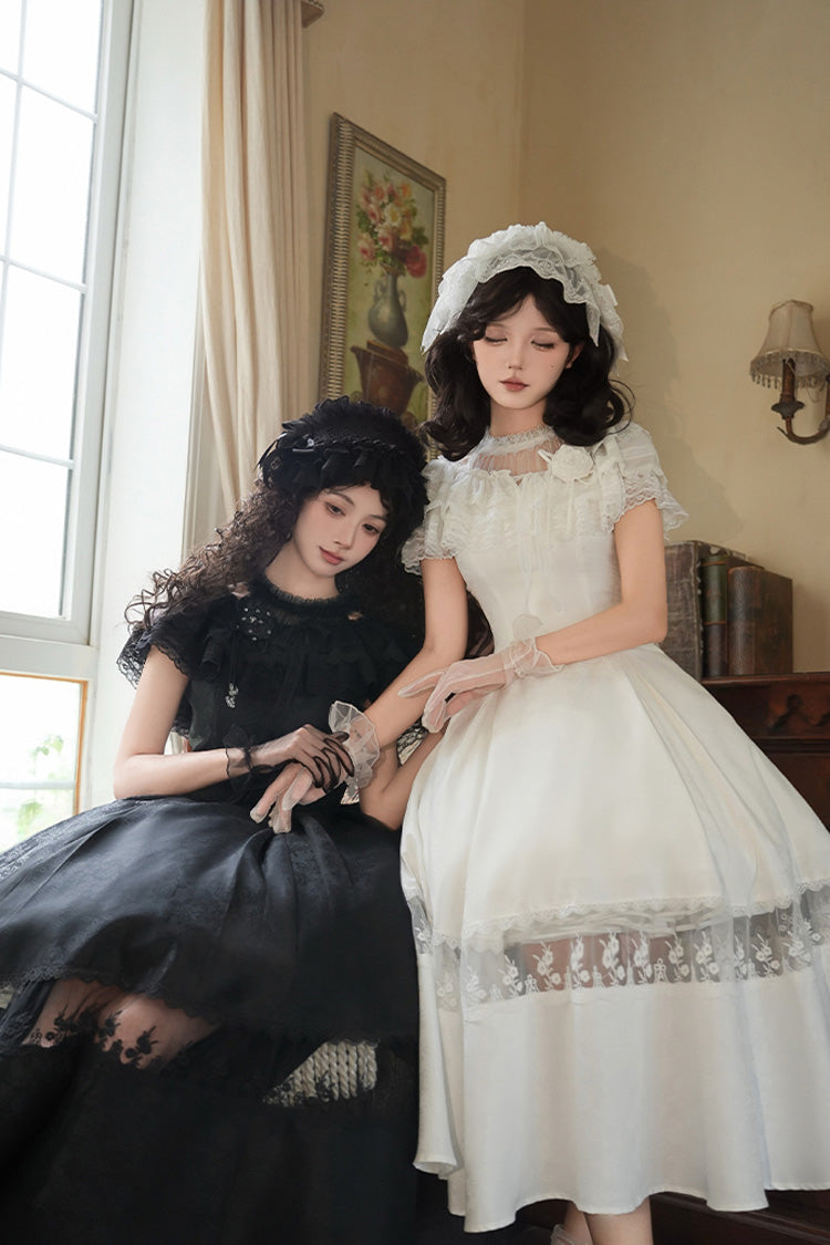 Black [Flowers in the Mist] Off Shoulder Halterneck Print Ruffle Gothic Elegant Lolita Dress
