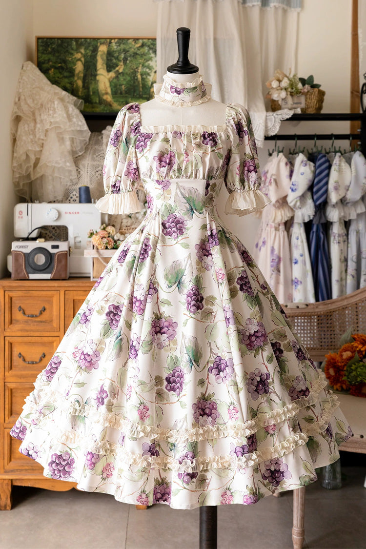 Blanc [Panier de la Forêt] Col Carré Manches Courtes Petit Raisin Imprimé À Volants Classique Élégante Robe Lolita
