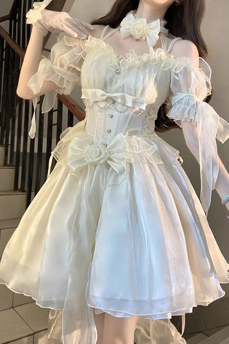 Ivory Midsummer Dream Short Sleeves Ruffle Hanayome Off-The-Shoulder Gothic Short Lolita Dress