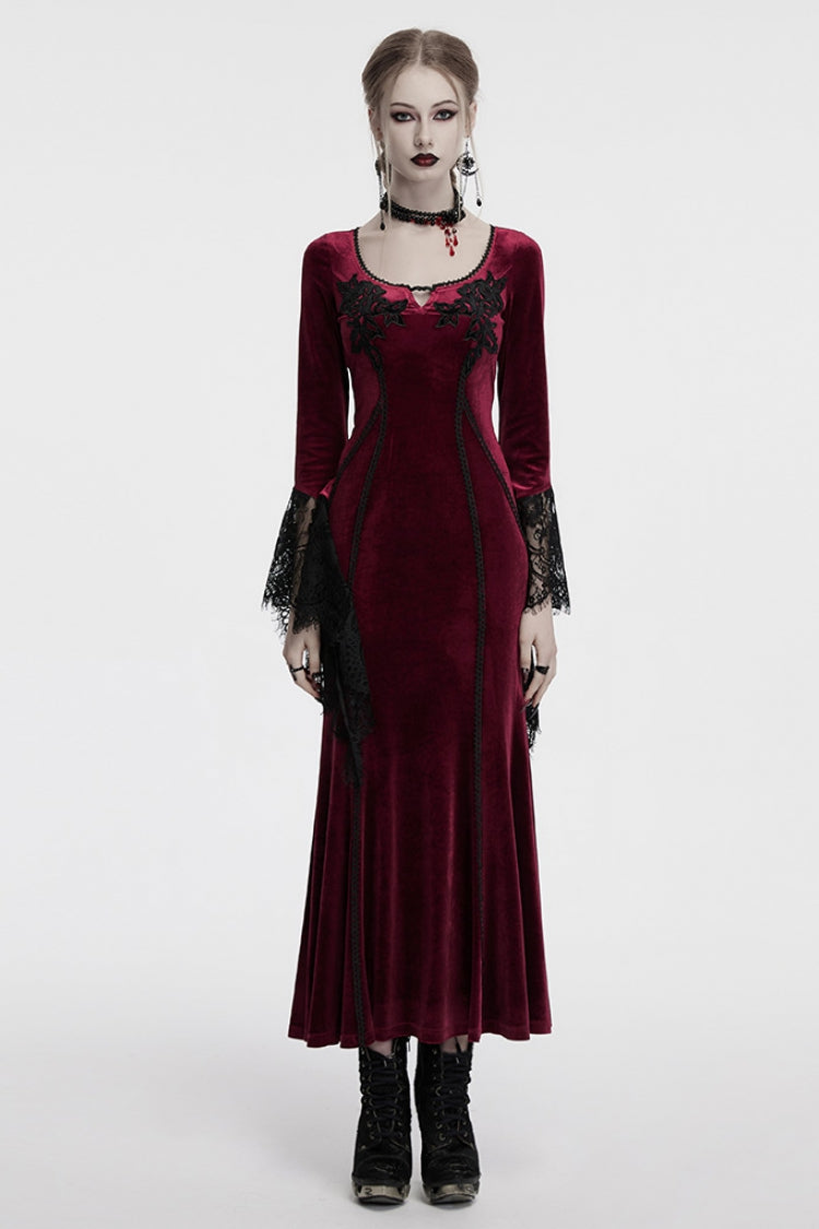 Red Long Sleeves Floral Embroidery Stitching Lace Women's Gothic Gown Dress