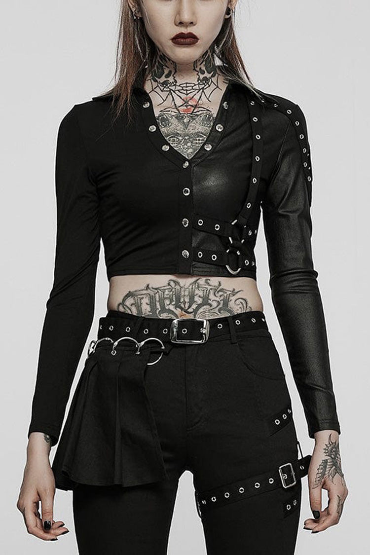 Black Gothic Super Cool Slim Fit Strap Sexy Cropped Pullover Long Sleeve Women's Polo Tee