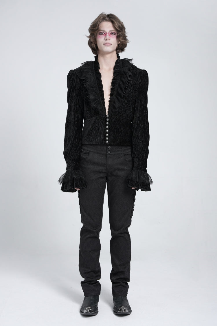Black V Collar Long Sleeves Ruffle Stitching Lace Men's Gothic Blouse