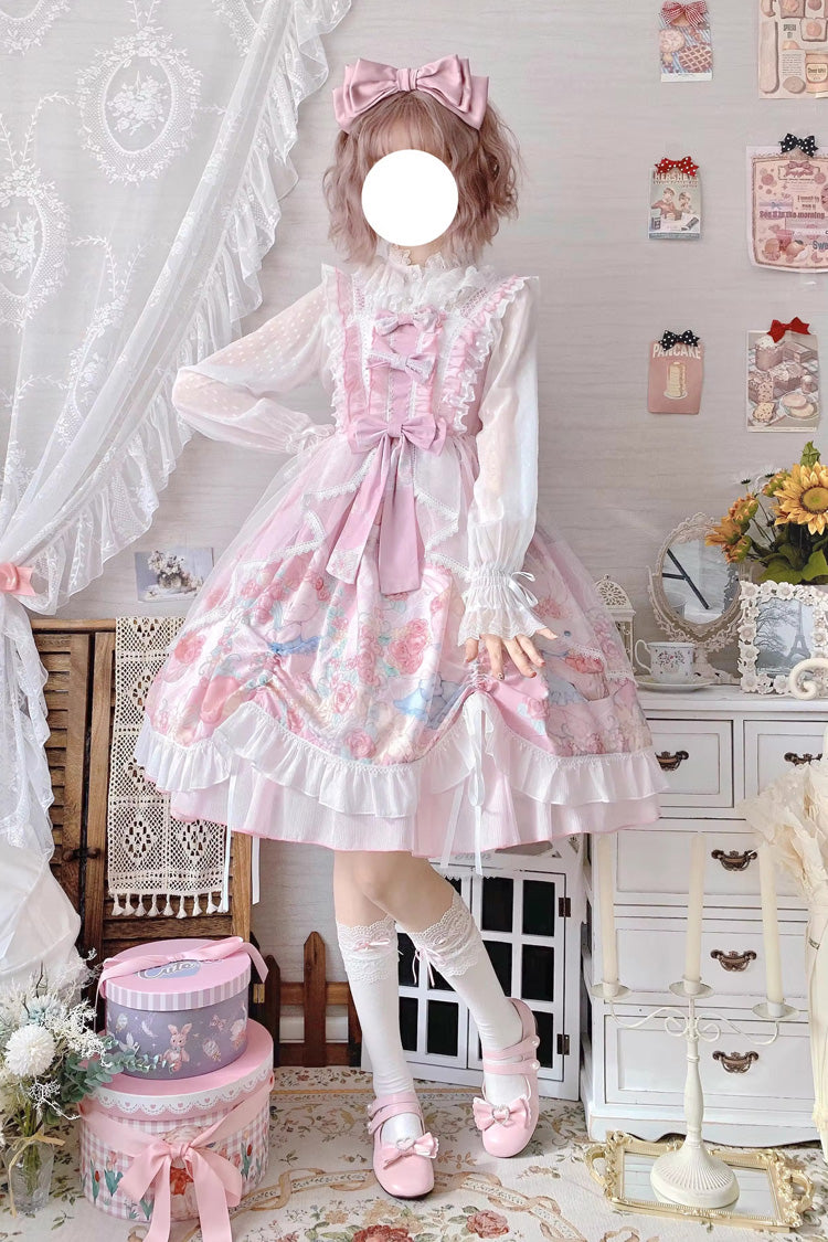 Pink Sleeveless High Waisted Rabbit Print Ruffle Bowknot Sweet Lolita Jsk Dress