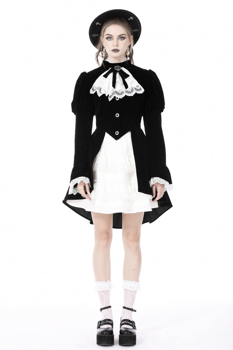 Schwarz/Weiß Rüschenkragen Totenkopf Fliege Lange Puffärmel Spitze Schnürung Damen Gothic Vintage Samtjacke