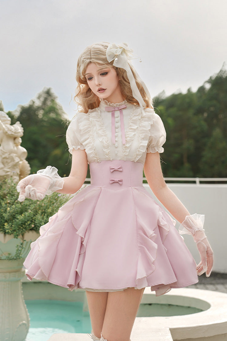 Rose/Abricot [Miss Lola] Col montant Manches courtes Volant Nœud papillon Robe Sweet Lolita 