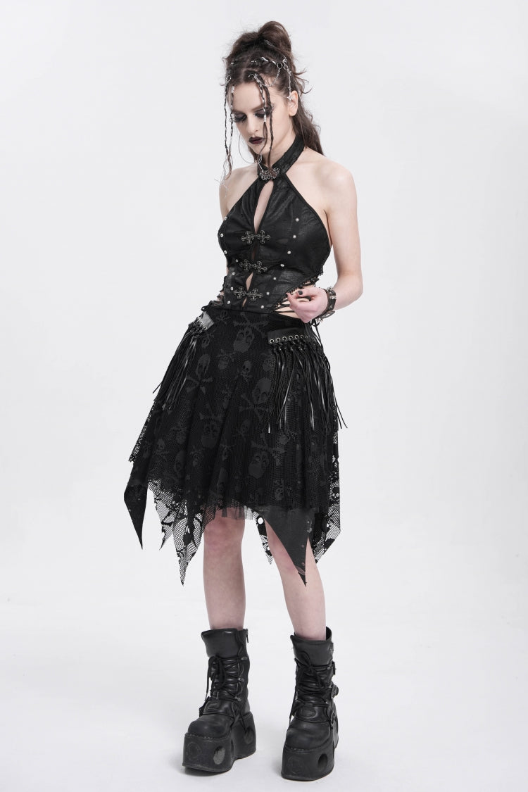 Black Halterneck Sleeveless Skull Print Irregular Women's Punk Dress