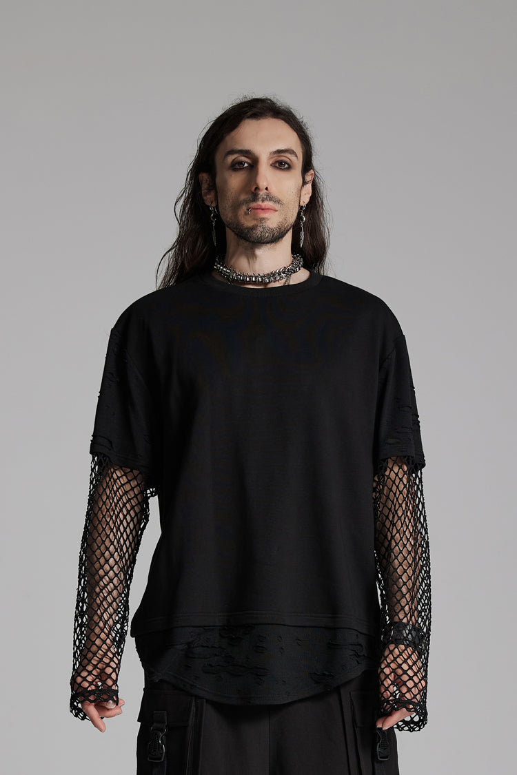 Black Round Collar Long Sleeves Mesh Ripped Men's Punk T-Shirt