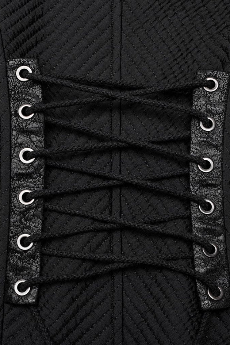 Black Horizontal Stripes Print Stitching Side Eyelet String Decoration Mens Gothic Long Coat