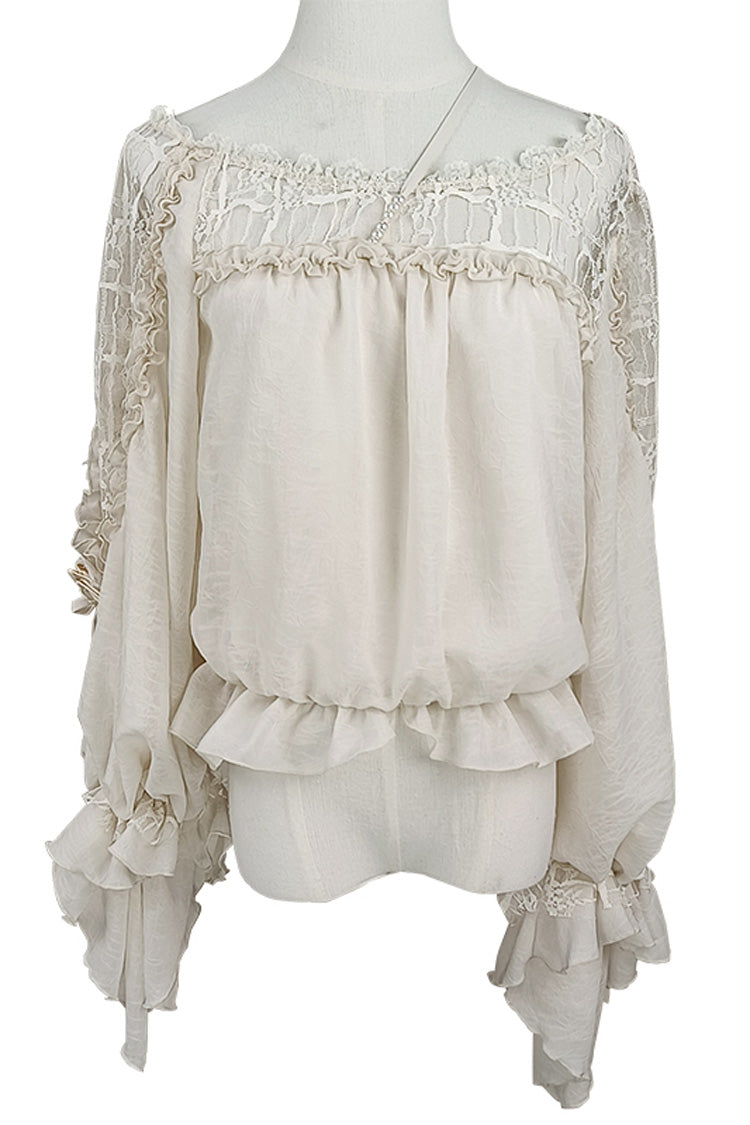 Weiße, langärmlige, hohle, süße, elegante Lolita-Bluse