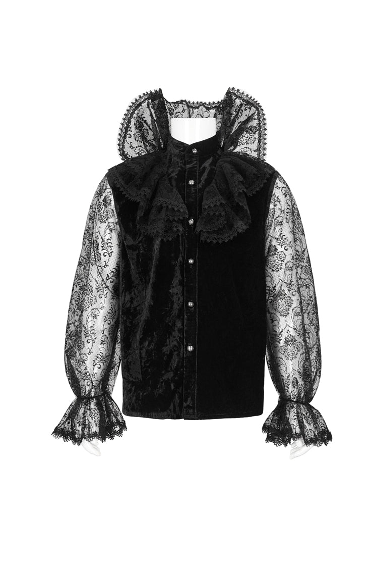 Black Lotus Leaf Stand Collar Semitransparent Lace Long Sleeved Men's Gothic Shirt