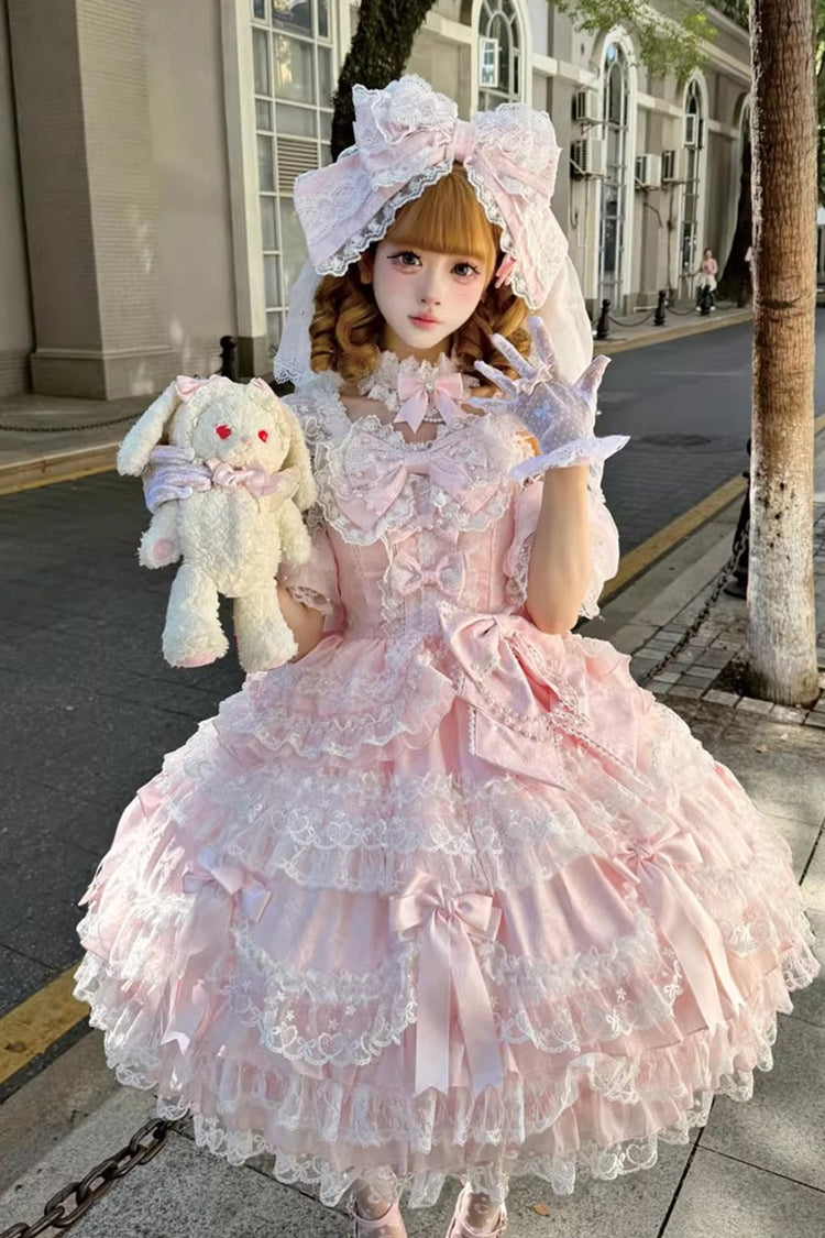 Pink [Dream of the Misty Moon] Sleeveless Multi-Layered Ruffled Bow Lace Pearl-Decorated Sweet Princess Lolita Jsk Dress