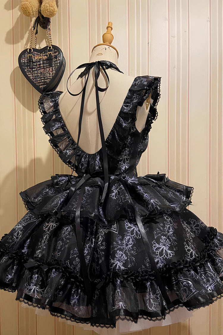 ブラック多層フリルバレエちょう結びプリントゴシックロリータ Jsk ドレス