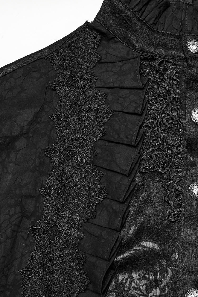 Schwarze Bluse im Gothic-Stil mit Stehkragen, langen Puffärmeln, Jacquard-Rüschen und Stickerei für Herren 