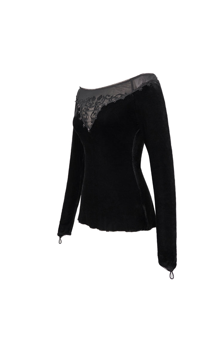 Black Velvet Off Shoulder Long Sleeve Mesh Collar Chest Flocking Pattern Women's Punk T-Shirt