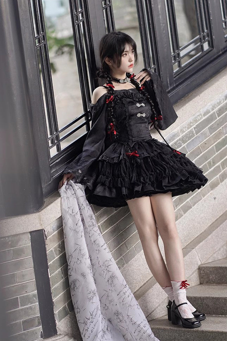 Black Bamboo Leaves Print Ruffle Lace Gothic Chinese Style Lolita Skirt
