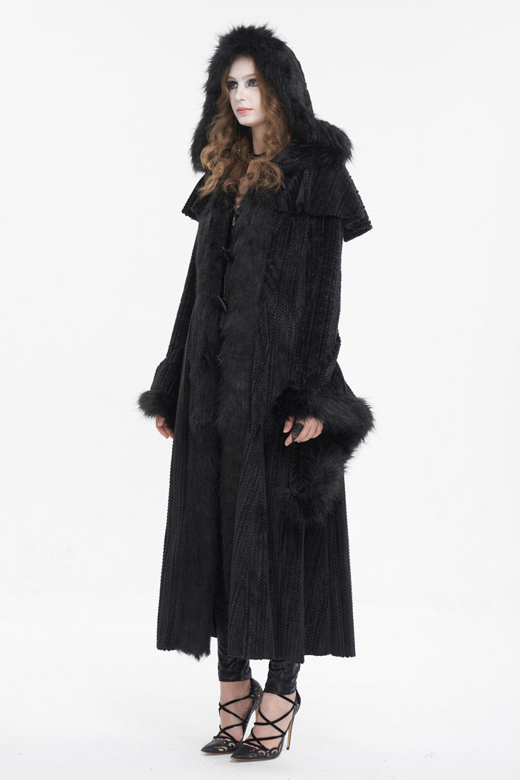 Black Flared Sleeved Fluffy Long Women's Gothic Coat With Hood