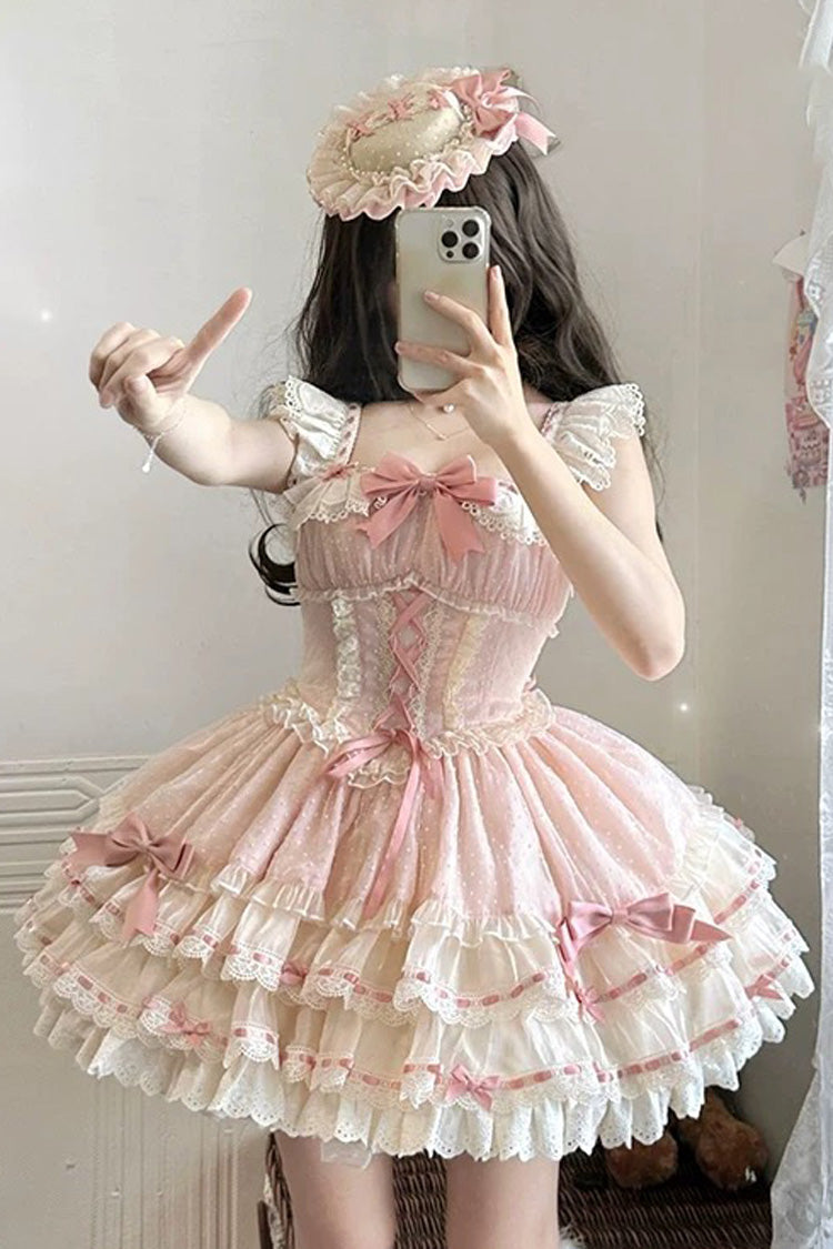 Rosa dreilagiges süßes Prinzessinnen-Ballett-Lolita-JSK-Kleid mit Schleife und Schnürung