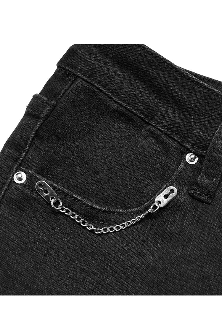 Black Denim Chain Decorated Tight Waist Slit Micro Punk Flared Women's Pants