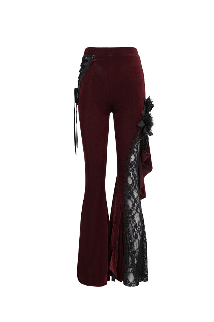 レッドベルベット片面ステッチローズネットサイドロープ装飾非対称パターンフレア女性のゴシックパンツ